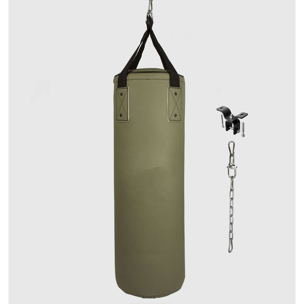 Olive Green Cylindrical Hanging Heavy Bag with Black Webbing Straps and Chain Mounting Hardware